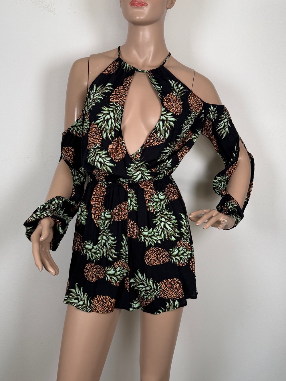 Material Girl Black Pineapple Print Cold-Shoulder Romper